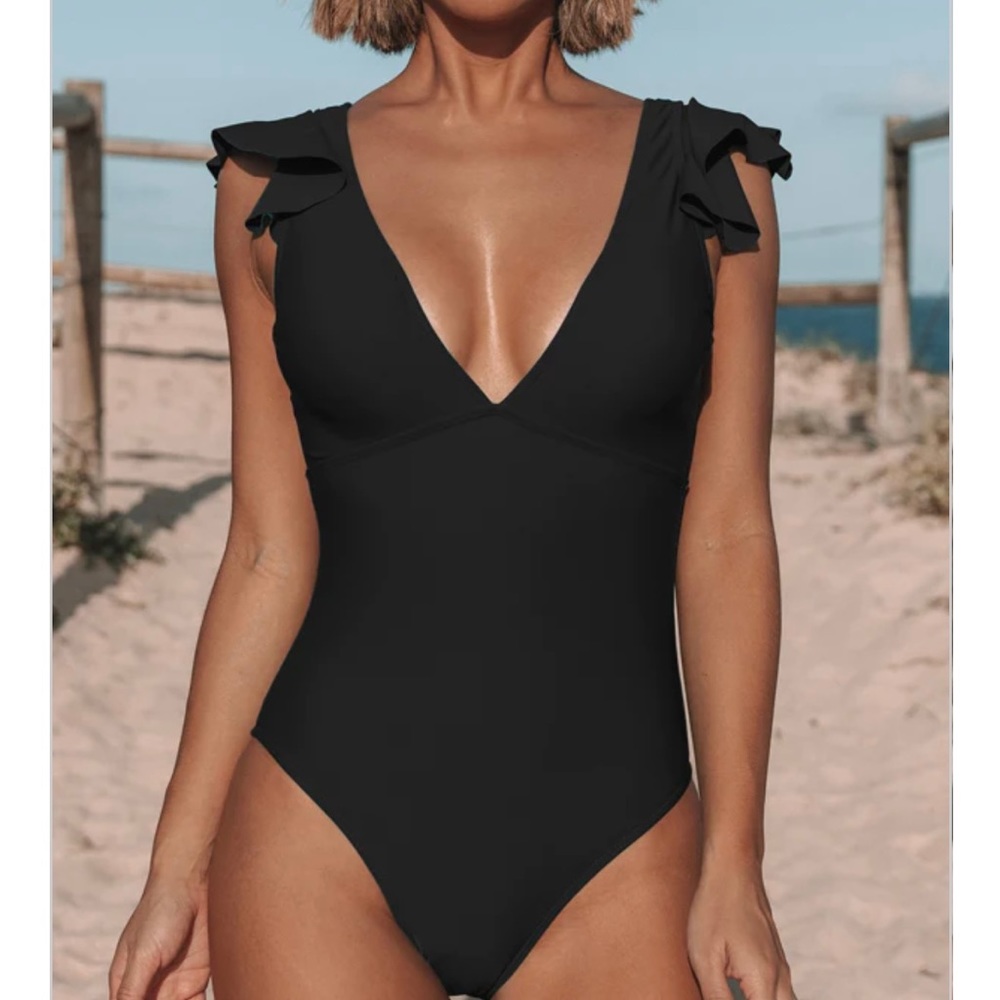 Solid Color Ruffle Shoulder V Neck One Piece Swimwear